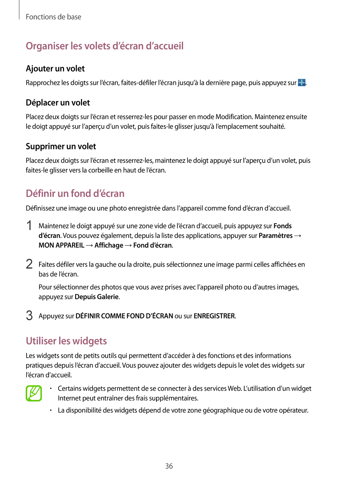 Samsung GT-I9506ZKAFTM manual Organiser les volets d’écran d’accueil, Définir un fond d’écran, Utiliser les widgets 