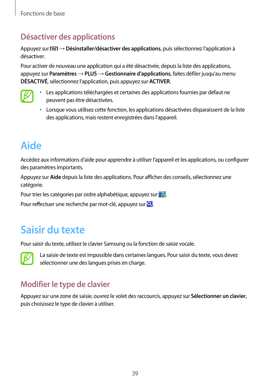 Samsung GT-I9506ZWAFTM, GT-I9506ZKAFTM Aide, Saisir du texte, Désactiver des applications, Modifier le type de clavier 
