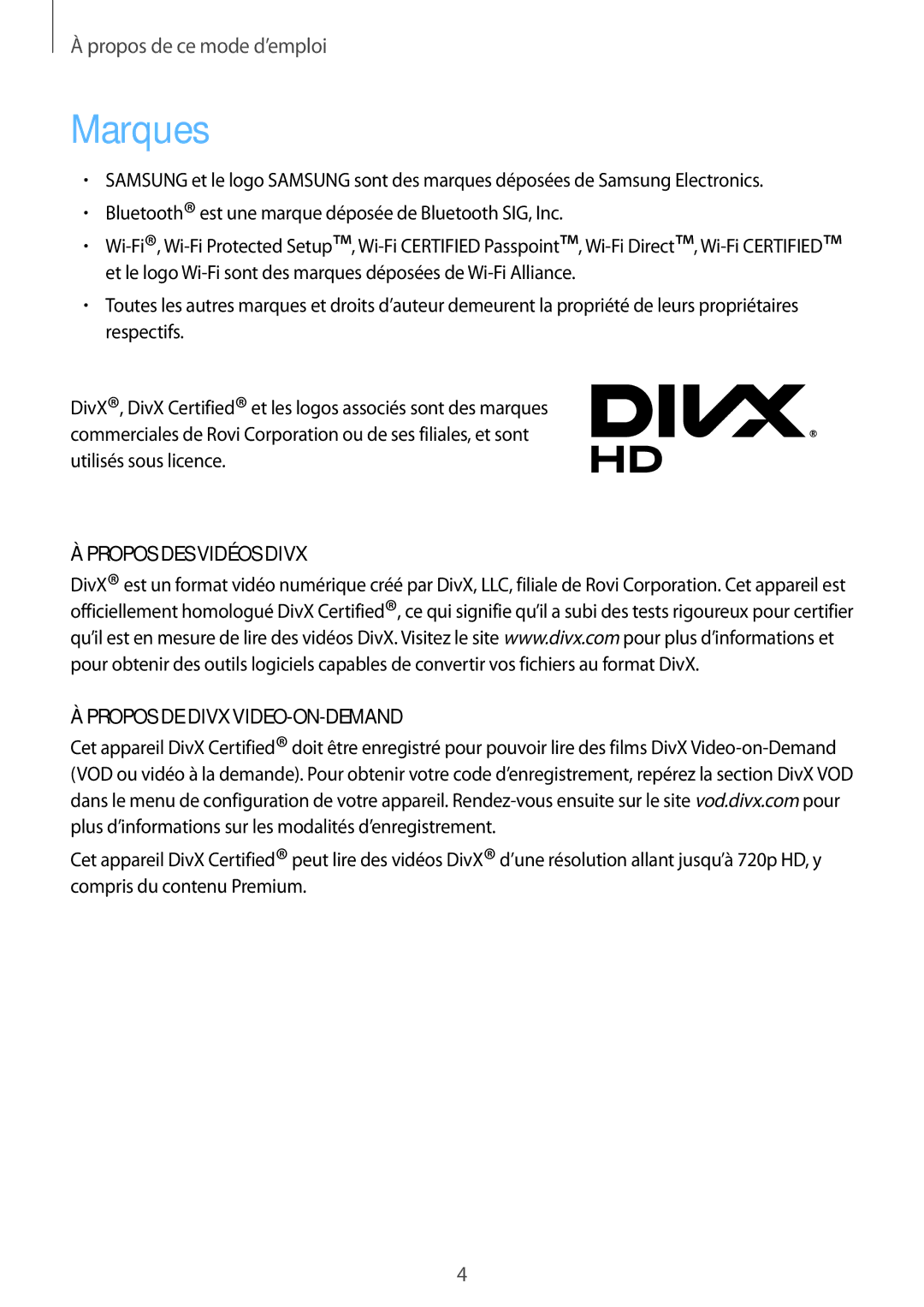 Samsung GT-I9506ZKAFTM, GT-I9506ZWAFTM manual Marques, Propos DES Vidéos Divx Propos DE Divx VIDEO-ON-DEMAND 