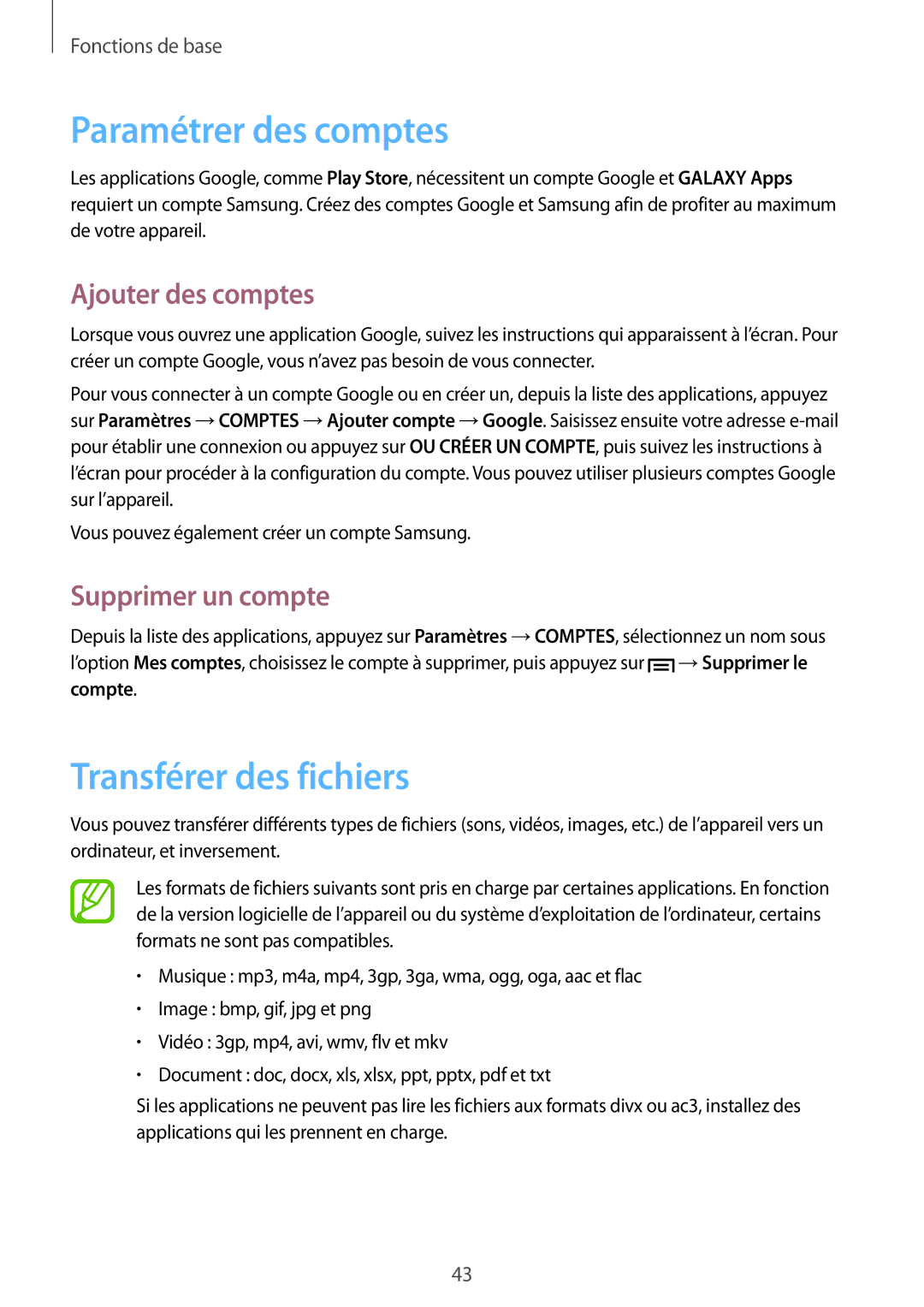 Samsung GT-I9506ZWAFTM manual Paramétrer des comptes, Transférer des fichiers, Ajouter des comptes, Supprimer un compte 