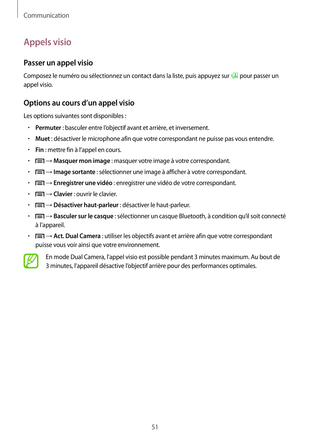 Samsung GT-I9506ZWAFTM, GT-I9506ZKAFTM manual Appels visio, Passer un appel visio, Options au cours d’un appel visio 