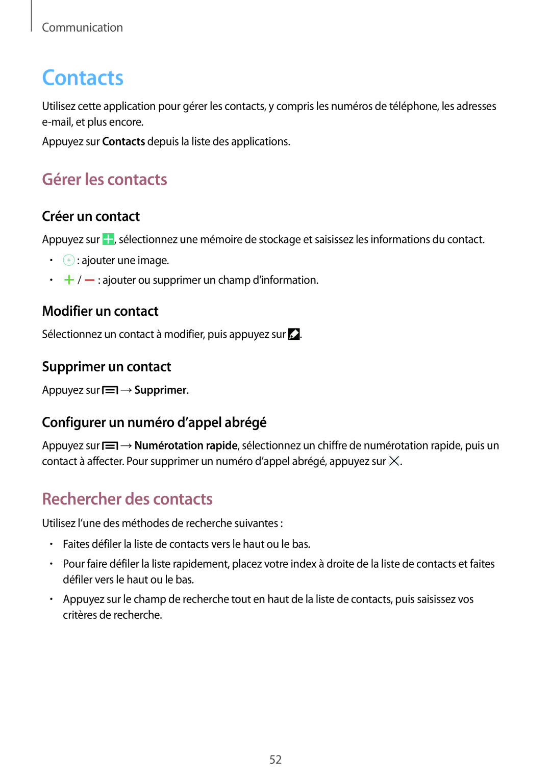 Samsung GT-I9506ZKAFTM, GT-I9506ZWAFTM manual Contacts, Gérer les contacts, Rechercher des contacts 