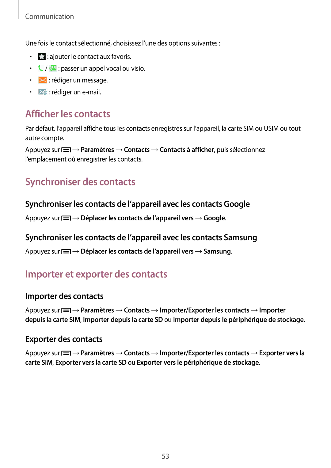 Samsung GT-I9506ZWAFTM, GT-I9506ZKAFTM Afficher les contacts, Synchroniser des contacts, Importer et exporter des contacts 