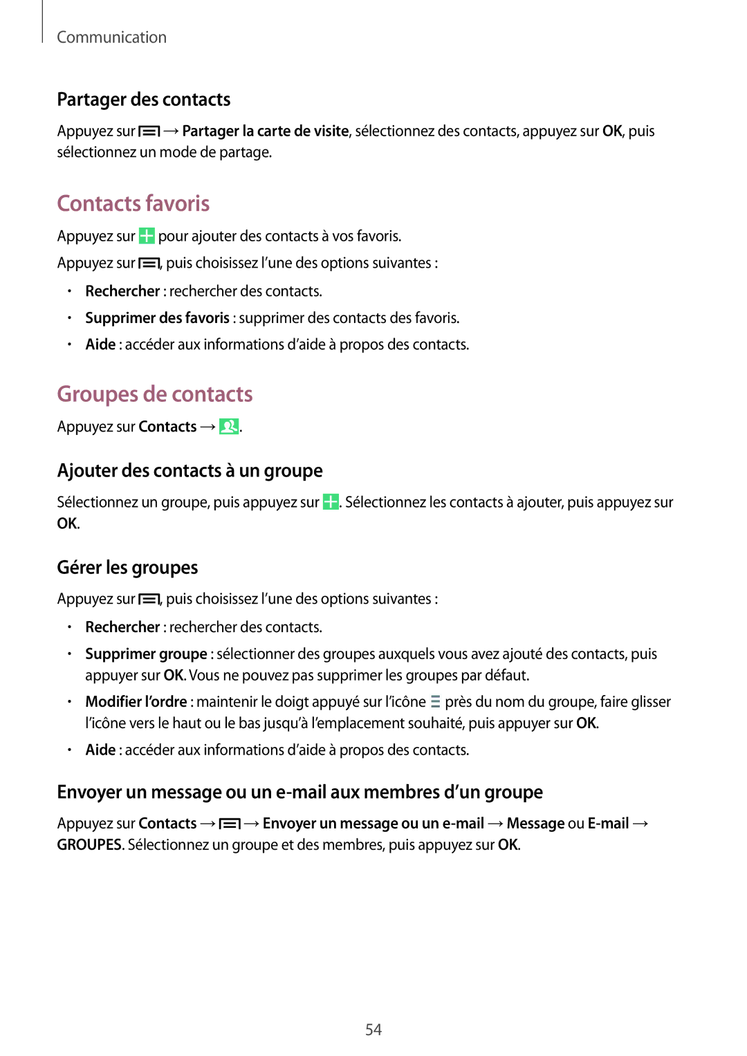 Samsung GT-I9506ZKAFTM, GT-I9506ZWAFTM manual Contacts favoris, Groupes de contacts 
