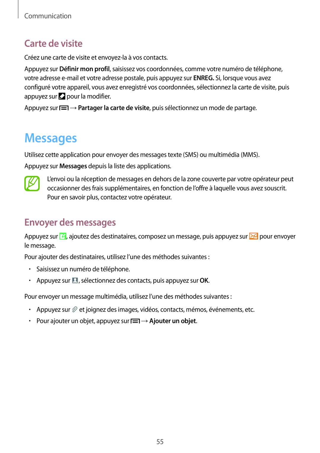 Samsung GT-I9506ZWAFTM, GT-I9506ZKAFTM manual Messages, Carte de visite, Envoyer des messages 