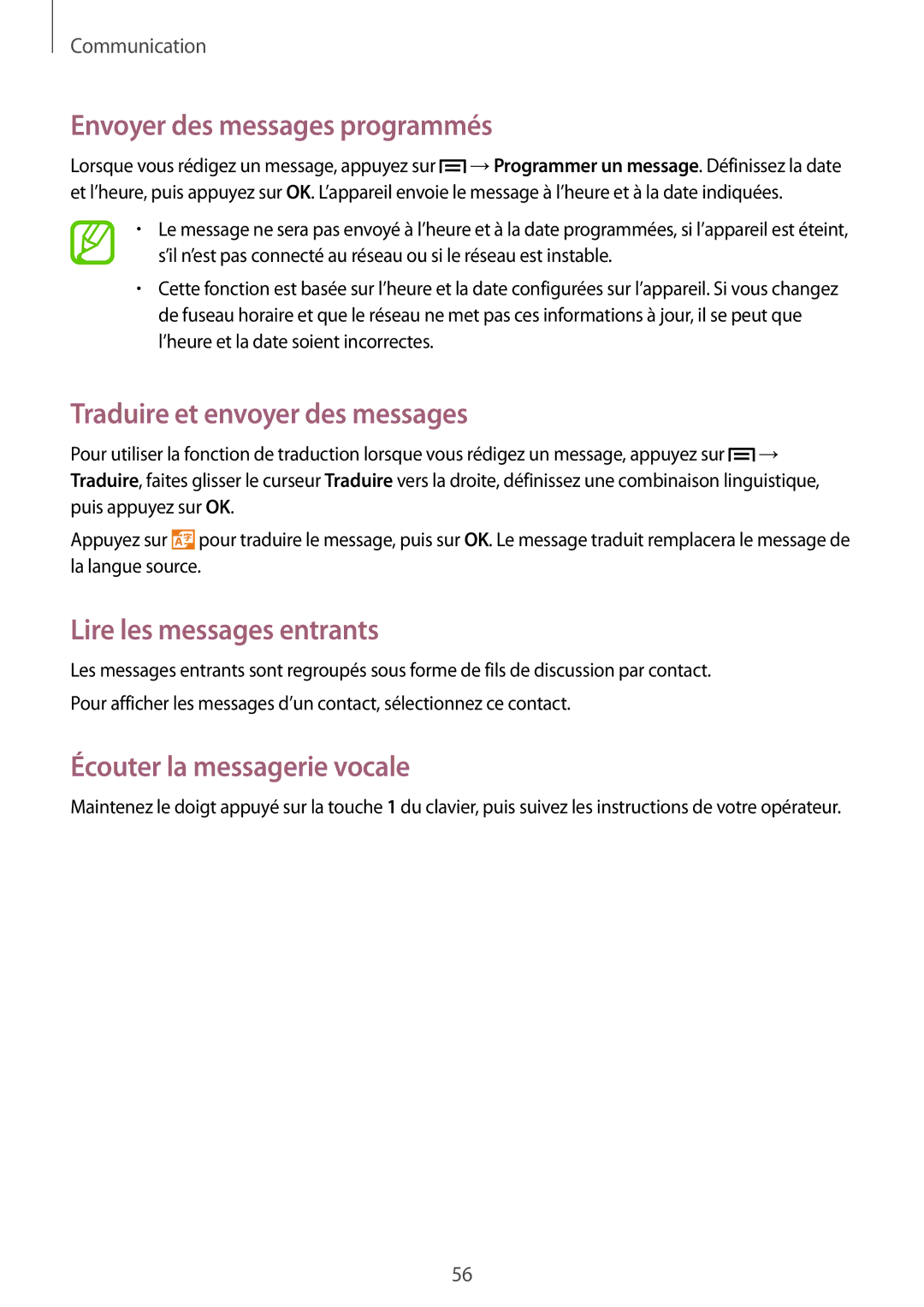 Samsung GT-I9506ZKAFTM manual Envoyer des messages programmés, Traduire et envoyer des messages, Lire les messages entrants 