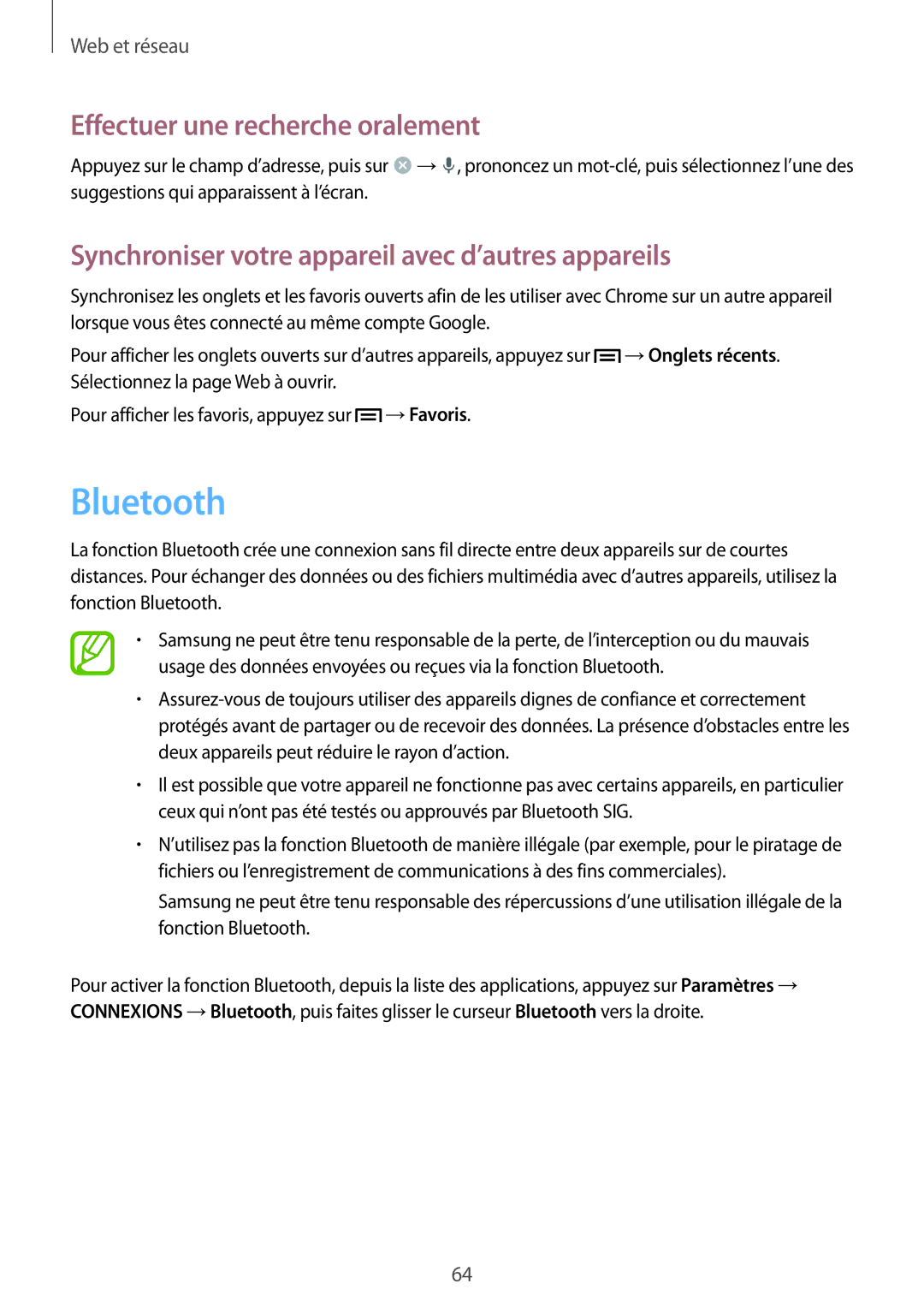 Samsung GT-I9506ZKAFTM, GT-I9506ZWAFTM manual Bluetooth, Synchroniser votre appareil avec d’autres appareils 