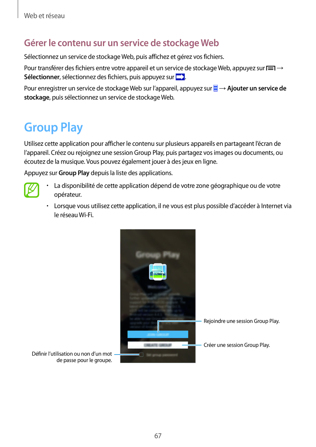 Samsung GT-I9506ZWAFTM, GT-I9506ZKAFTM manual Group Play, Gérer le contenu sur un service de stockage Web 
