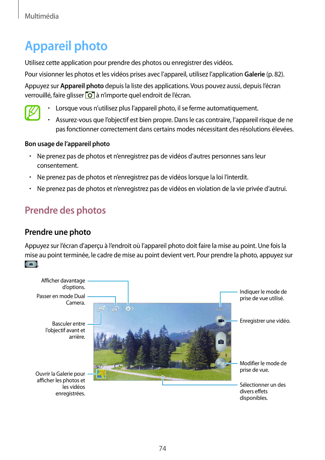 Samsung GT-I9506ZKAFTM manual Appareil photo, Prendre des photos, Prendre une photo, Bon usage de l’appareil photo 