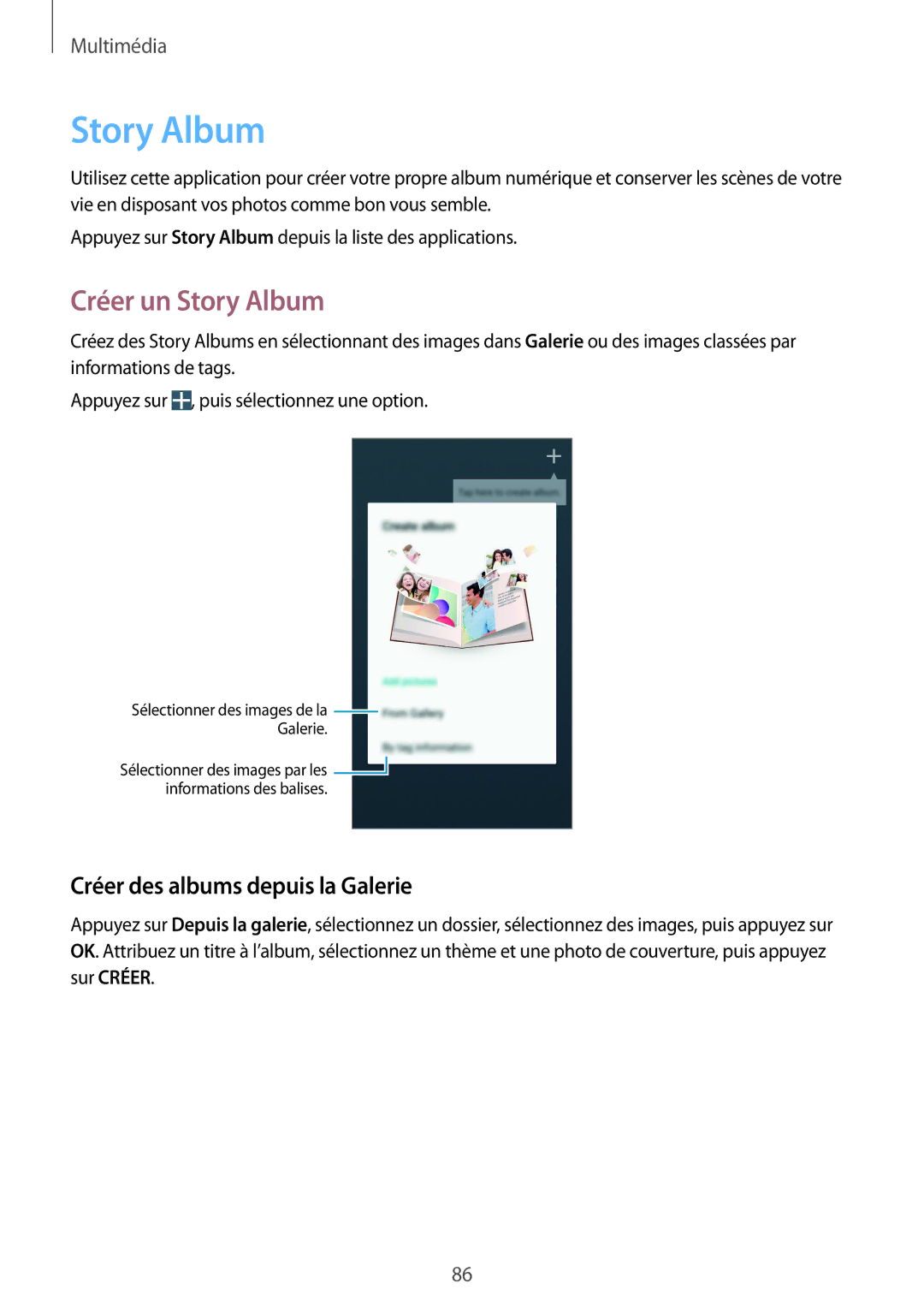 Samsung GT-I9506ZKAFTM, GT-I9506ZWAFTM manual Créer un Story Album, Créer des albums depuis la Galerie 