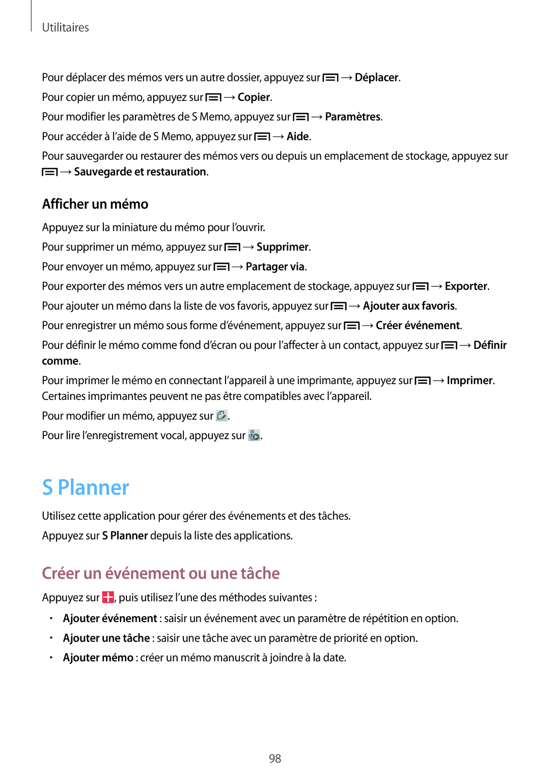 Samsung GT-I9506ZKAFTM, GT-I9506ZWAFTM manual Planner, Créer un événement ou une tâche, Afficher un mémo 