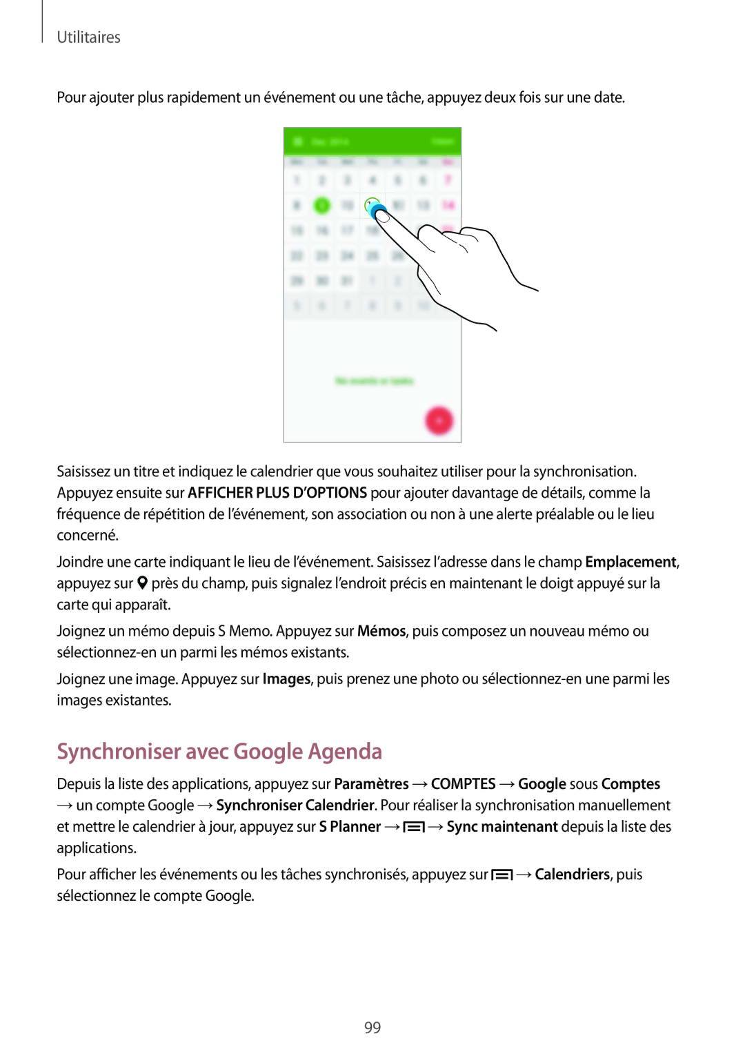 Samsung GT-I9506ZWAFTM, GT-I9506ZKAFTM manual Synchroniser avec Google Agenda 