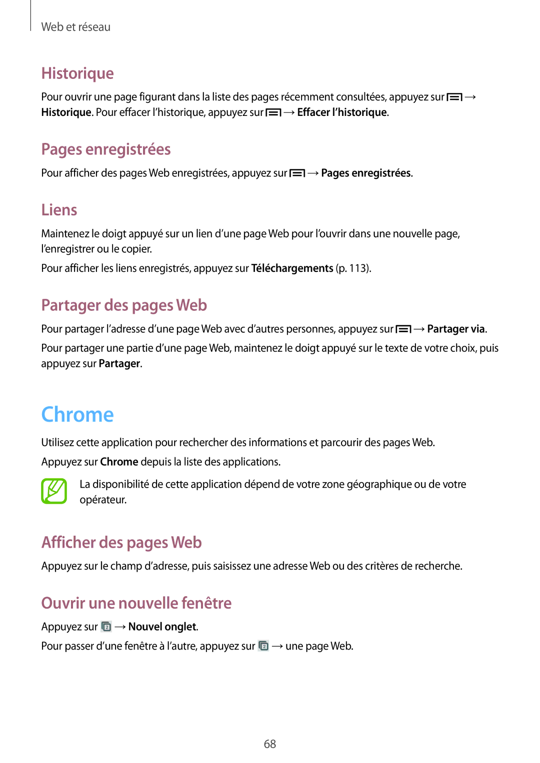 Samsung GT-I9506ZKAFTM, GT-I9506ZWAFTM manual Chrome, Historique, Pages enregistrées, Liens, Partager des pages Web 