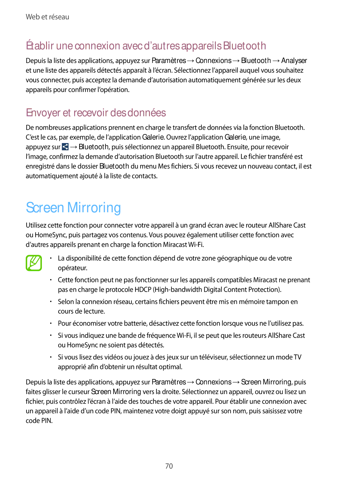 Samsung GT-I9506ZKAFTM, GT-I9506ZWAFTM manual Screen Mirroring, Établir une connexion avec d’autres appareils Bluetooth 