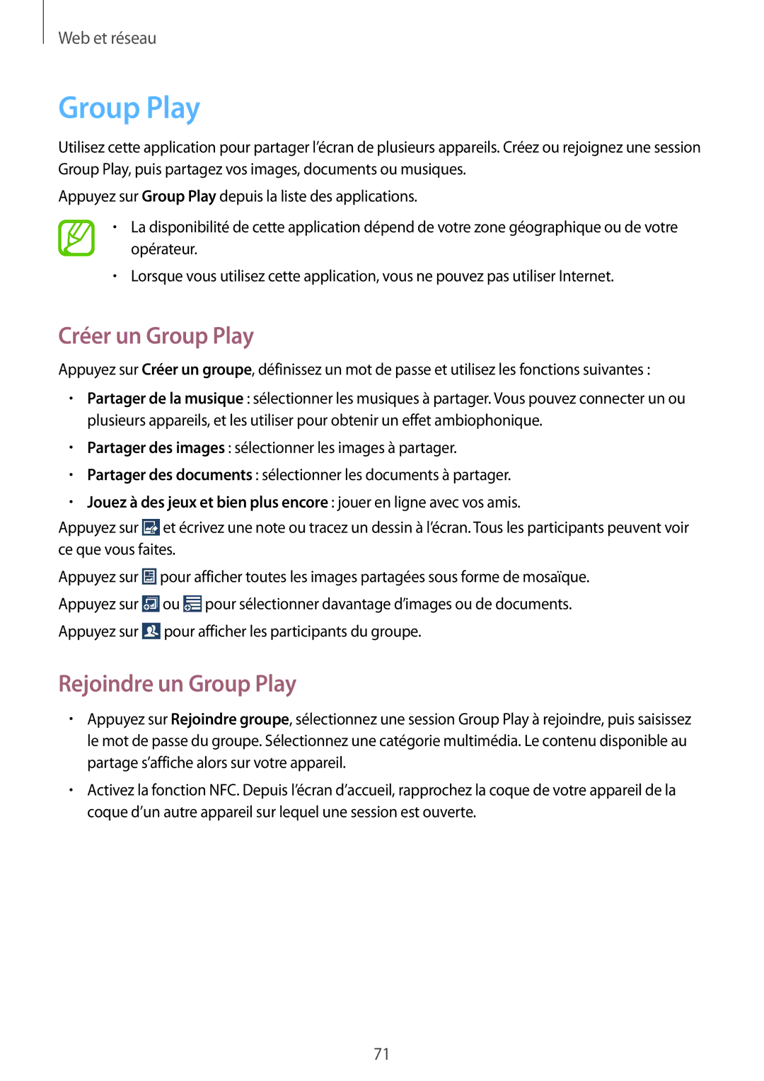 Samsung GT-I9506ZWAFTM, GT-I9506ZKAFTM manual Créer un Group Play, Rejoindre un Group Play 