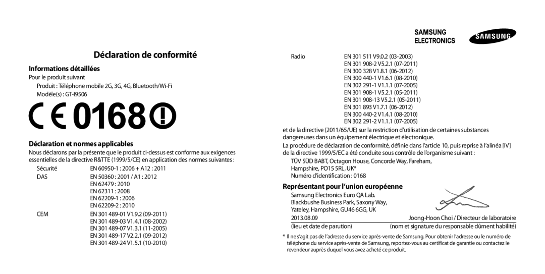 Samsung GT-I9506ZWAFTM, GT-I9506ZKAFTM manual Déclaration de conformité 