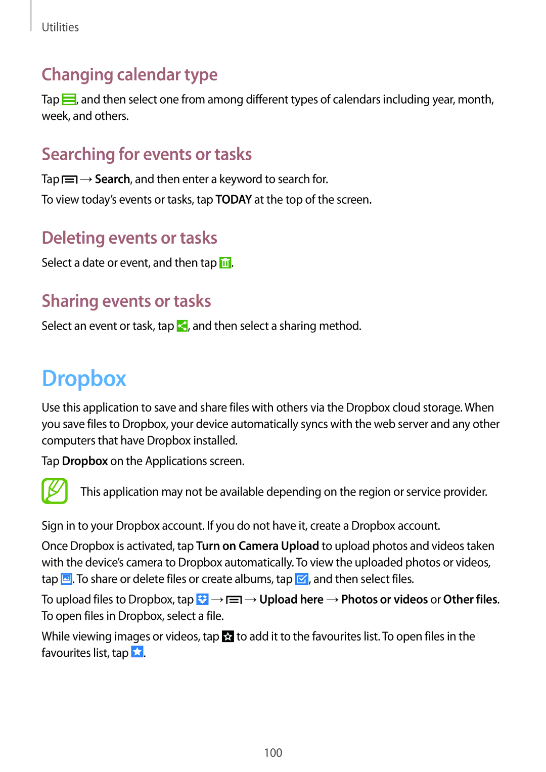 Samsung GT-I9515ZKAPTR manual Dropbox, Changing calendar type, Searching for events or tasks, Deleting events or tasks 