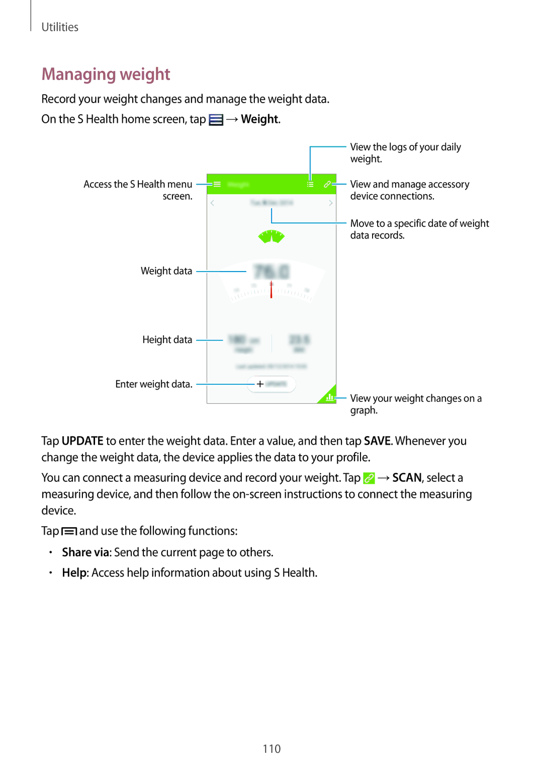 Samsung GT-I9515ZNAKSA, GT-I9515DKYXSG, GT-I9515ZKAKSA, GT-I9515ZSAXSG, GT-I9515ZRAKSA manual Managing weight, →Weight 