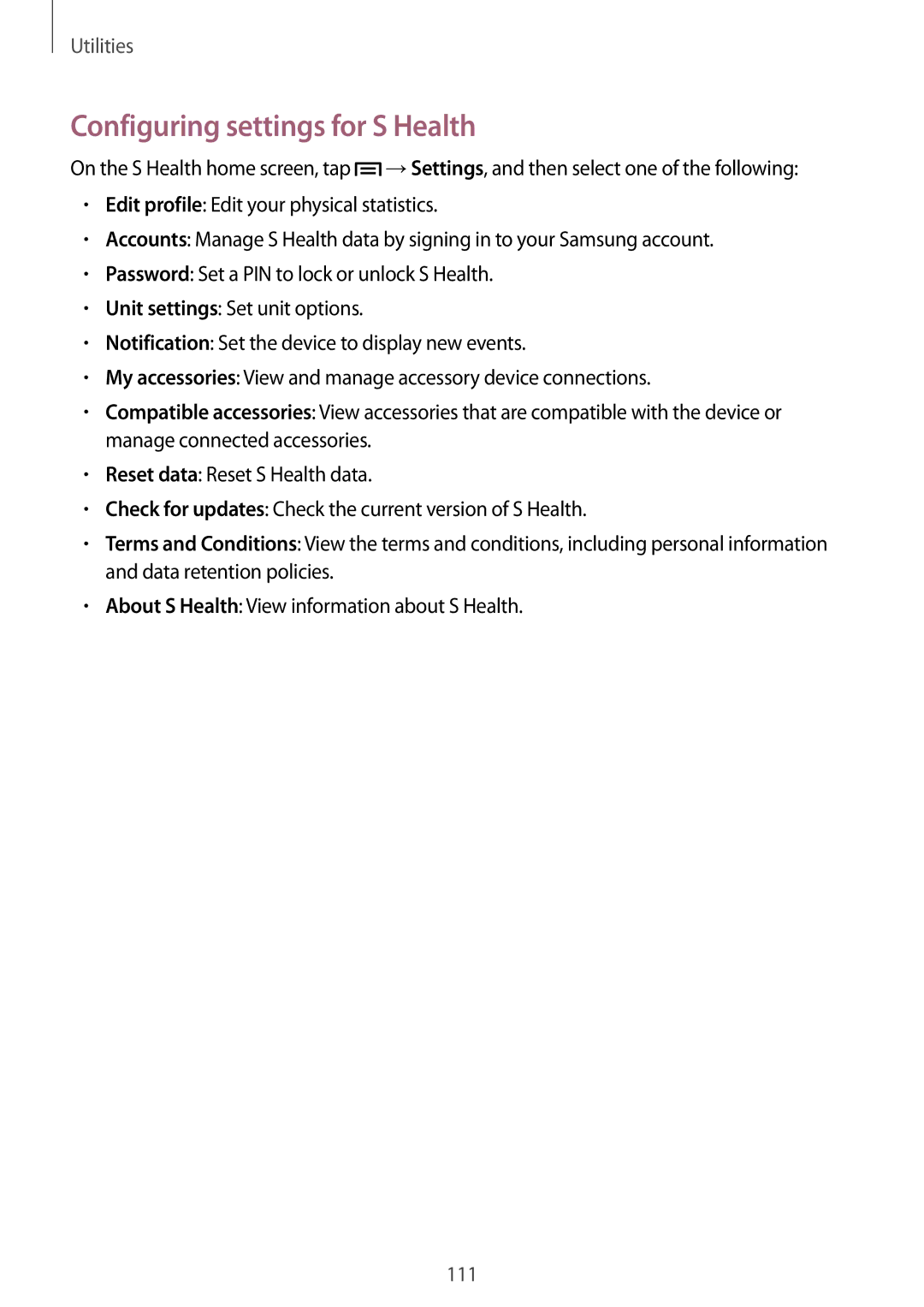 Samsung GT-I9515ZSAXSG, GT-I9515DKYXSG, GT-I9515ZKAKSA, GT-I9515ZNAKSA, GT-I9515ZRAKSA manual Configuring settings for S Health 