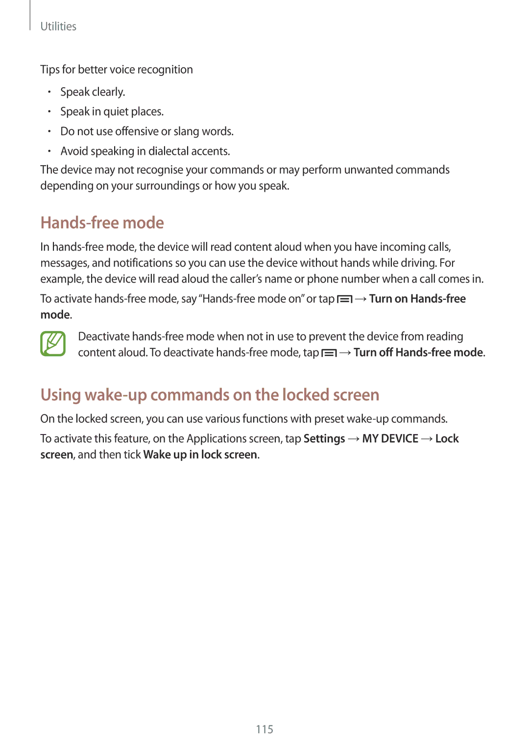 Samsung GT-I9515ZWAXSG, GT-I9515DKYXSG, GT-I9515ZKAKSA manual Hands-free mode, Using wake-up commands on the locked screen 