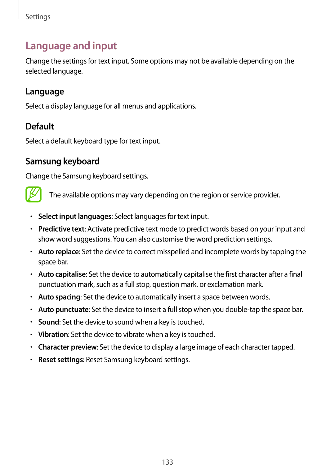 Samsung GT-I9515ZSACEL, GT-I9515DKYXSG, GT-I9515ZKAKSA, GT-I9515ZNAKSA manual Language and input, Default, Samsung keyboard 