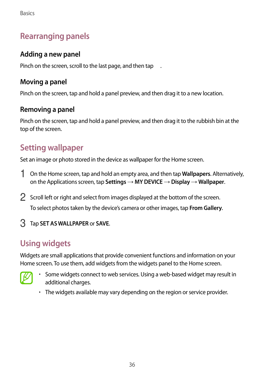 Samsung GT-I9515DKYKSA, GT-I9515DKYXSG, GT-I9515ZKAKSA, GT-I9515ZNAKSA Rearranging panels, Setting wallpaper, Using widgets 