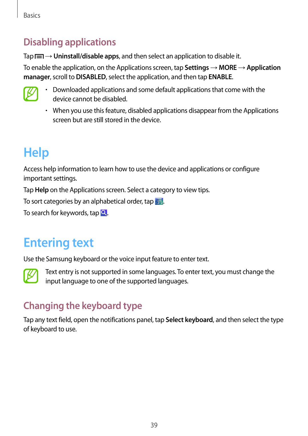 Samsung GT-I9515ZSAKSA, GT-I9515DKYXSG manual Help, Entering text, Disabling applications, Changing the keyboard type 