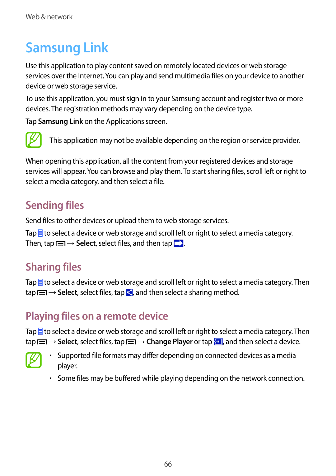 Samsung GT-I9515ZSAKSA, GT-I9515DKYXSG manual Samsung Link, Sending files, Sharing files, Playing files on a remote device 