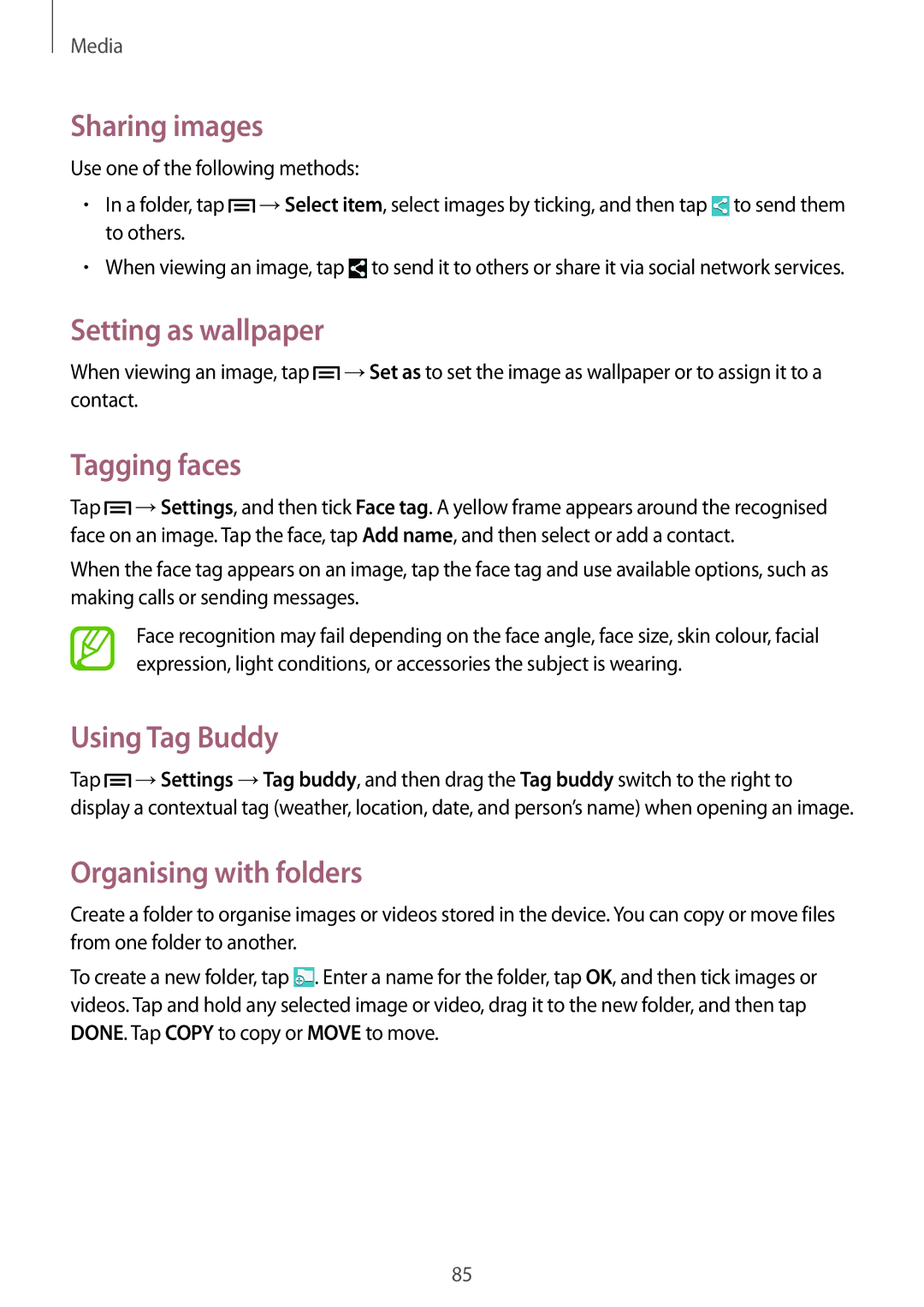 Samsung GT-I9515ZRAKSA, GT-I9515DKYXSG, GT-I9515ZKAKSA Sharing images, Setting as wallpaper, Tagging faces, Using Tag Buddy 