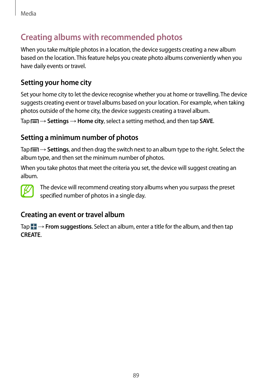 Samsung GT-I9515ZWAKSA Creating albums with recommended photos, Setting your home city, Setting a minimum number of photos 
