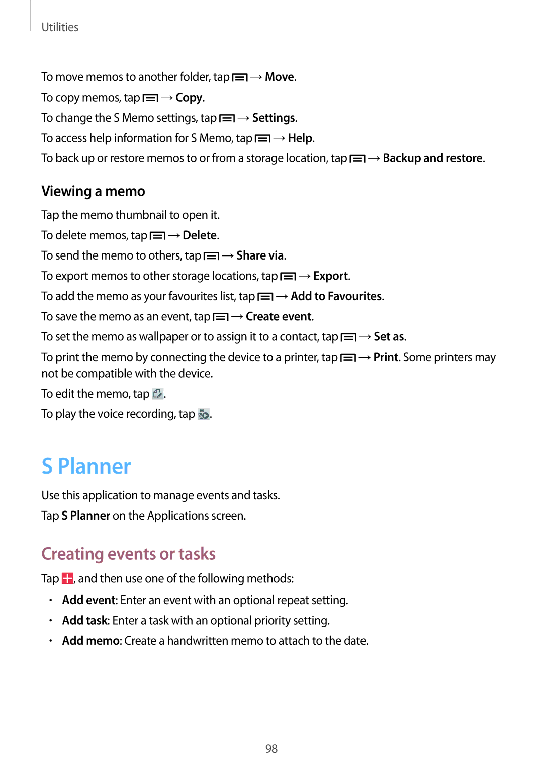 Samsung GT-I9515DKYPCL, GT-I9515DKYXSG, GT-I9515ZKAKSA manual Planner, Creating events or tasks, Viewing a memo, →Set as 