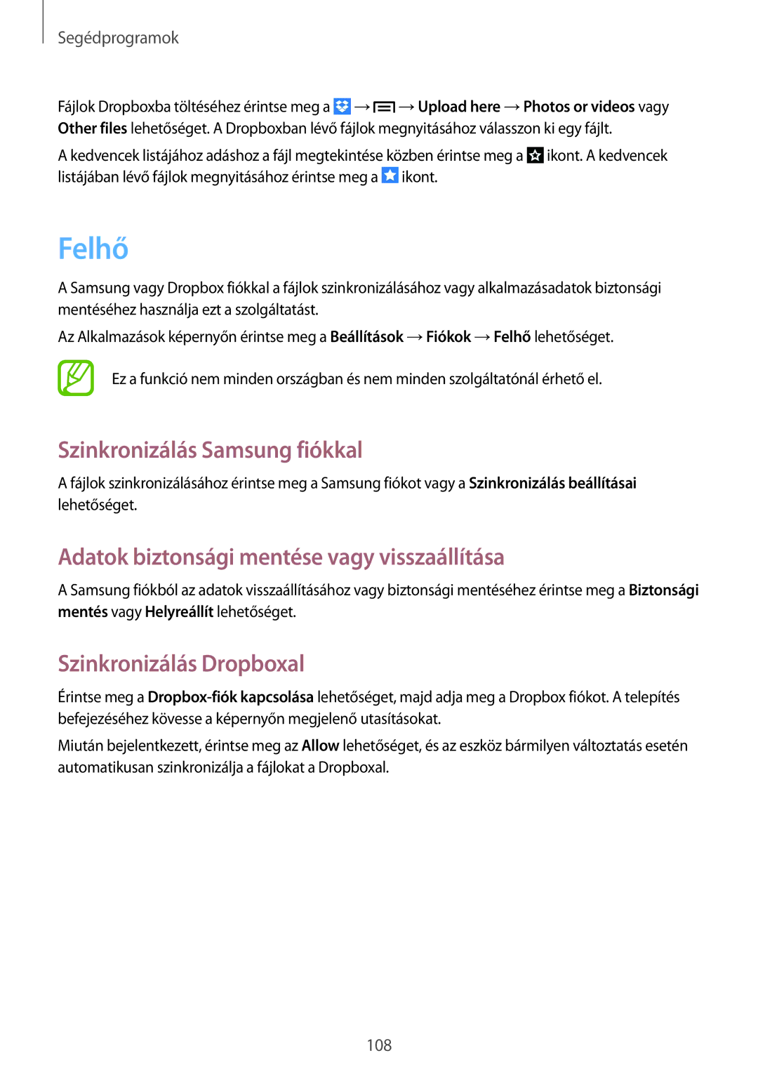 Samsung GT-I9515ZSADRE manual Felhő, Szinkronizálás Samsung fiókkal, Adatok biztonsági mentése vagy visszaállítása 