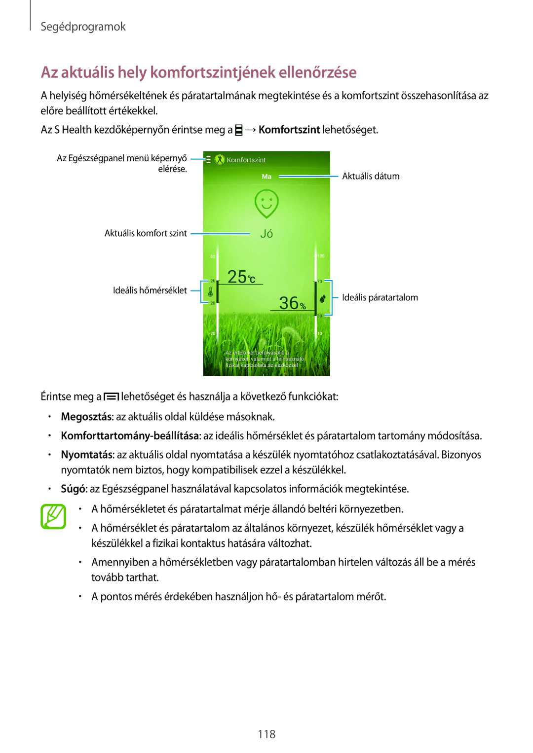 Samsung GT-I9515ZKAATO, GT-I9515ZKAPLS, GT-I9515ZWAXEO, GT-I9515ZWAPRT manual Az aktuális hely komfortszintjének ellenőrzése 