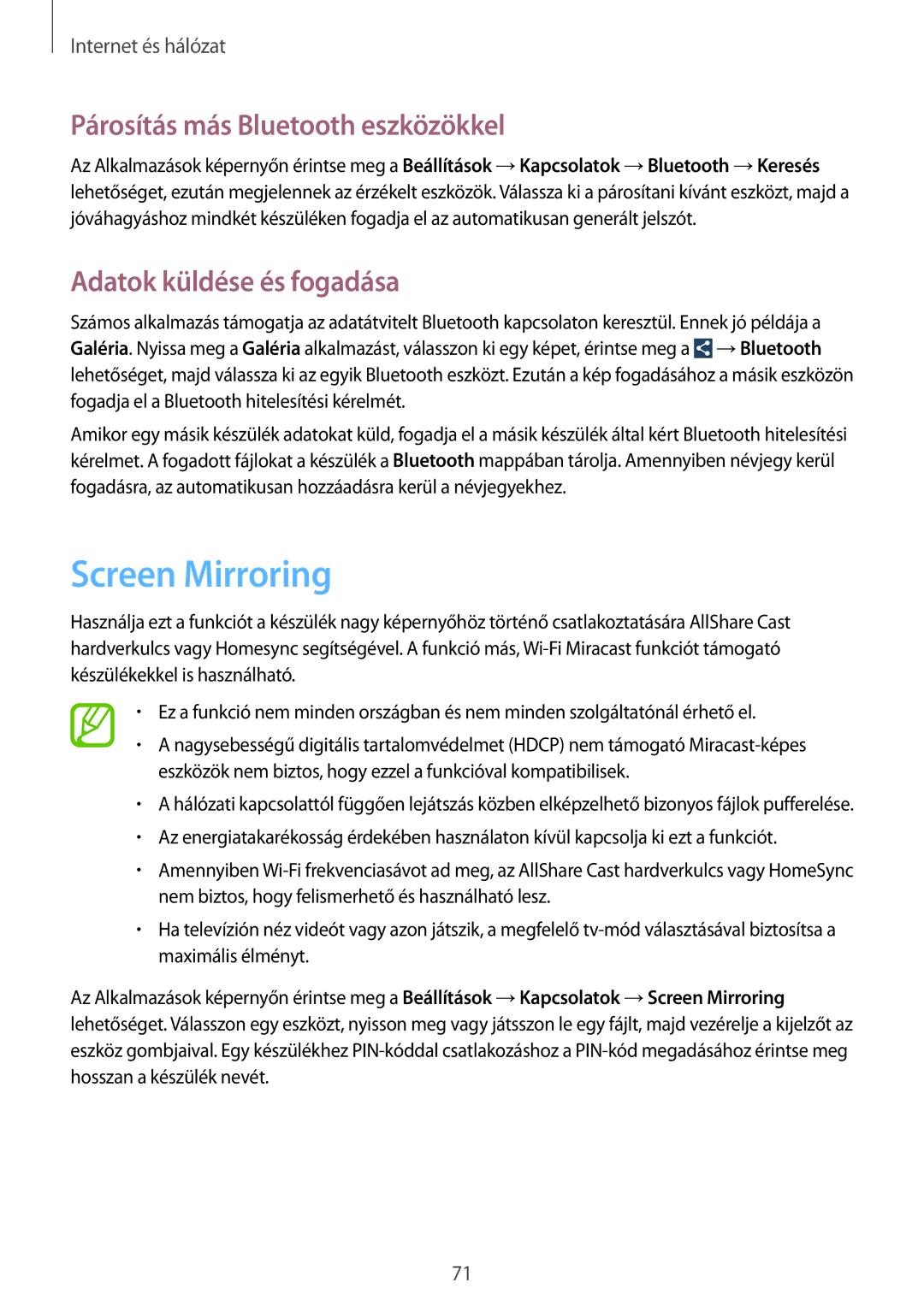 Samsung GT-I9515ZWAXEH, GT-I9515ZKAPLS Screen Mirroring, Párosítás más Bluetooth eszközökkel, Adatok küldése és fogadása 