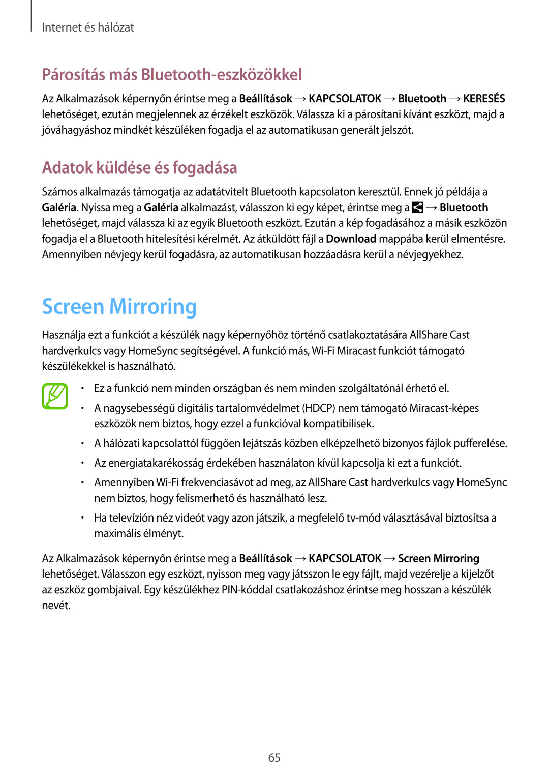 Samsung GT-I9515DKYATO, GT-I9515ZKAPLS Screen Mirroring, Párosítás más Bluetooth-eszközökkel, Adatok küldése és fogadása 