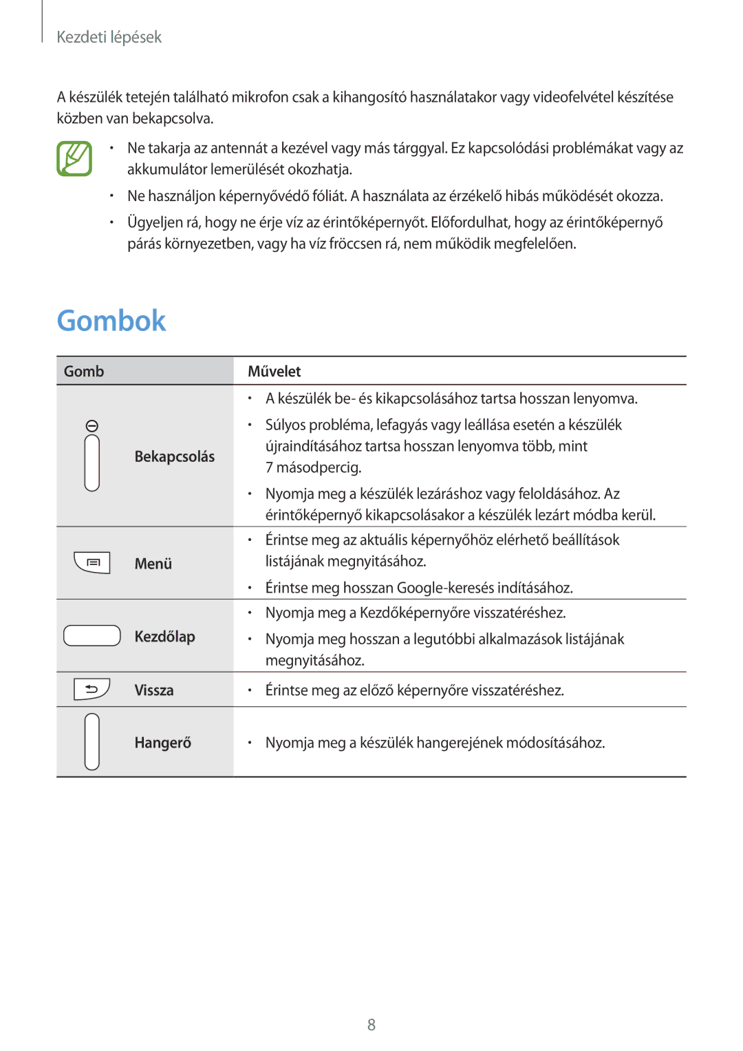 Samsung GT-I9515ZKAATO, GT-I9515ZKAPLS, GT-I9515ZWAXEO, GT-I9515ZWAPRT, GT-I9515ZWAPLS, GT-I9515ZKAPRT Gombok, Kezdeti lépések 