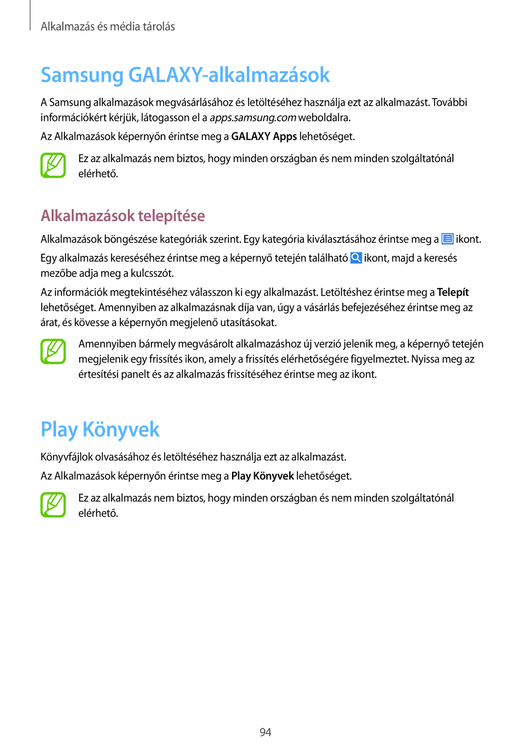 Samsung GT-I9515ZWAROM, GT-I9515ZKAPLS, GT-I9515ZWAXEO, GT-I9515ZWAPRT manual Samsung GALAXY-alkalmazások, Play Könyvek 