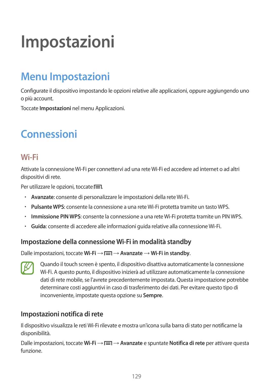 Samsung GT-I9515ZWAPLS manual Menu Impostazioni, Connessioni, Impostazione della connessione Wi-Fi in modalità standby 