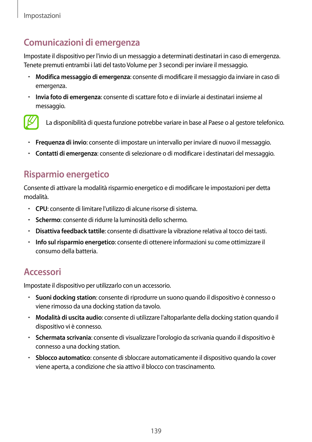 Samsung GT-I9515ZKAOMN, GT-I9515ZSADBT, GT-I9515ZKAPLS manual Comunicazioni di emergenza, Risparmio energetico, Accessori 
