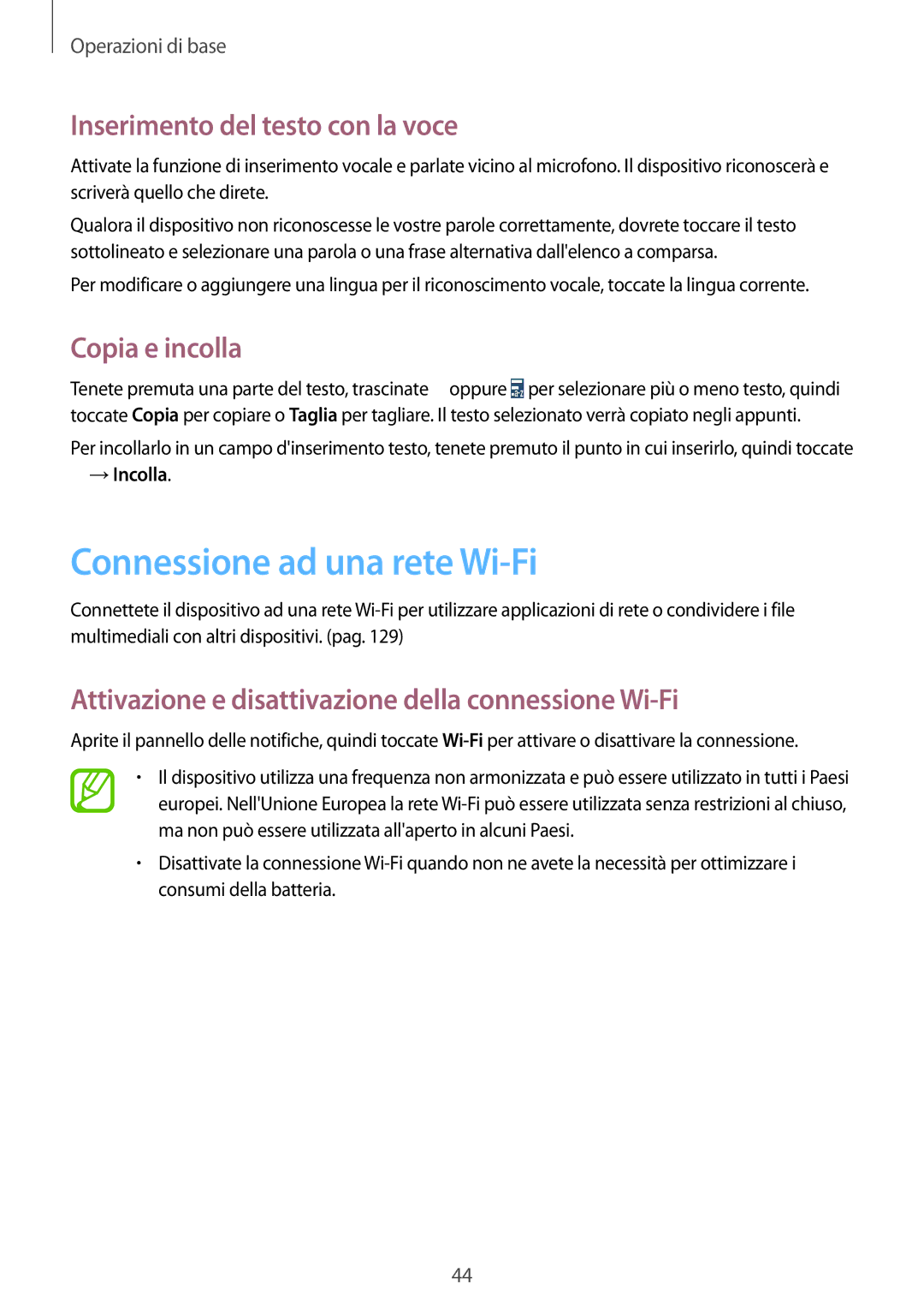 Samsung GT-I9515ZWAPRT manual Connessione ad una rete Wi-Fi, Inserimento del testo con la voce, Copia e incolla, →Incolla 