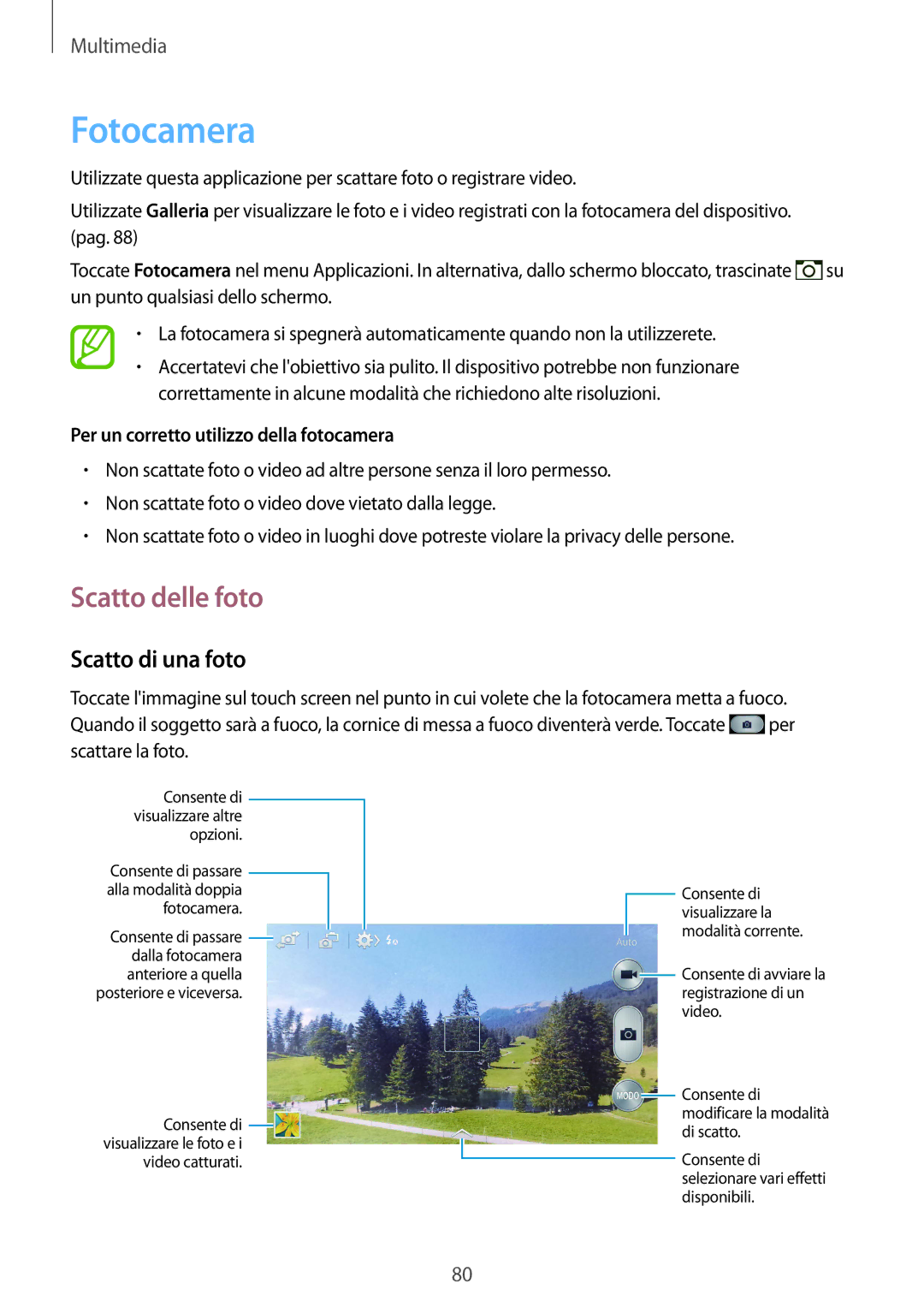 Samsung GT-I9515ZWAROM manual Fotocamera, Scatto delle foto, Scatto di una foto, Per un corretto utilizzo della fotocamera 