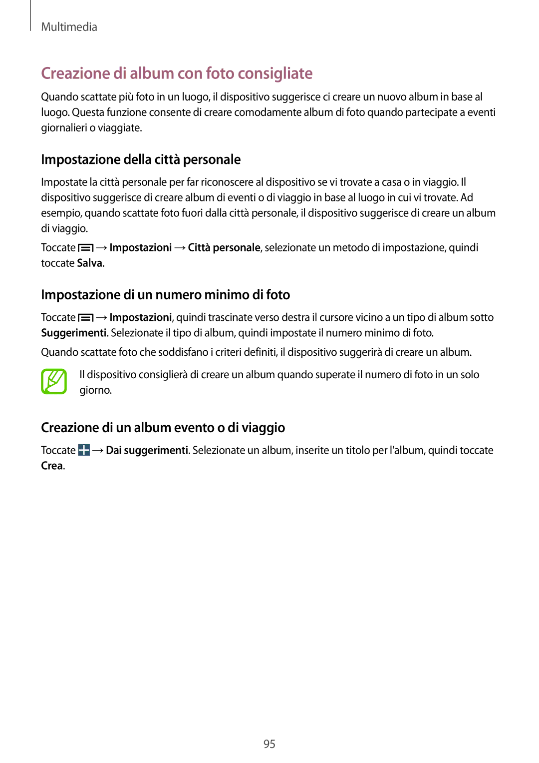 Samsung GT-I9515ZSAITV, GT-I9515ZSADBT manual Creazione di album con foto consigliate, Impostazione della città personale 