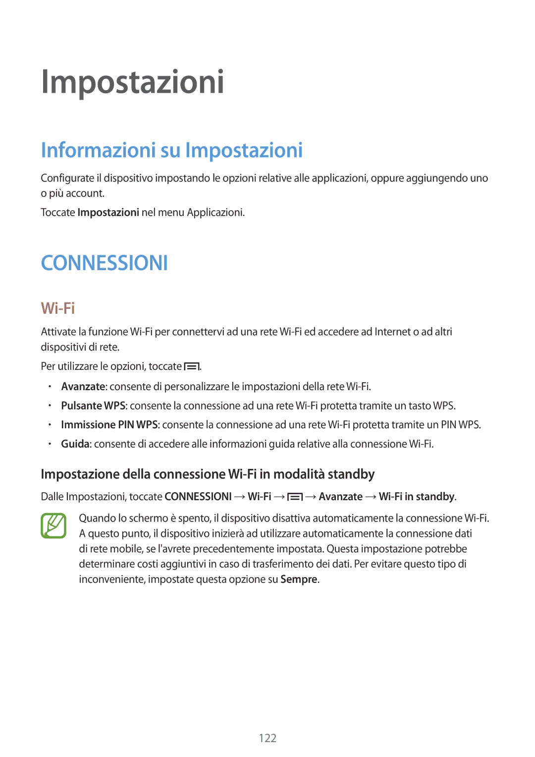 Samsung GT-I9515ZWAROM manual Informazioni su Impostazioni, Impostazione della connessione Wi-Fi in modalità standby 