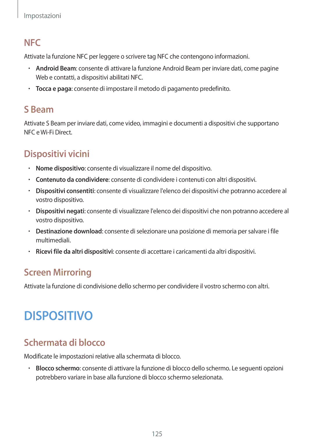 Samsung GT-I9515ZKAITV, GT-I9515ZSADBT, GT-I9515ZKAPLS manual Beam, Dispositivi vicini, Screen Mirroring, Schermata di blocco 
