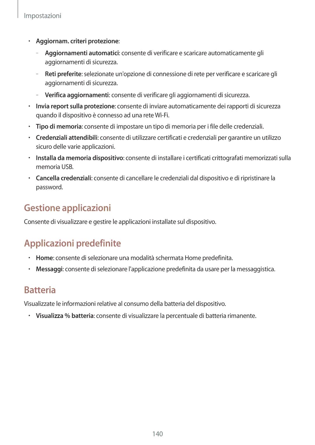 Samsung GT-I9515ZWAXEH manual Gestione applicazioni, Applicazioni predefinite, Batteria, Aggiornam. criteri protezione 