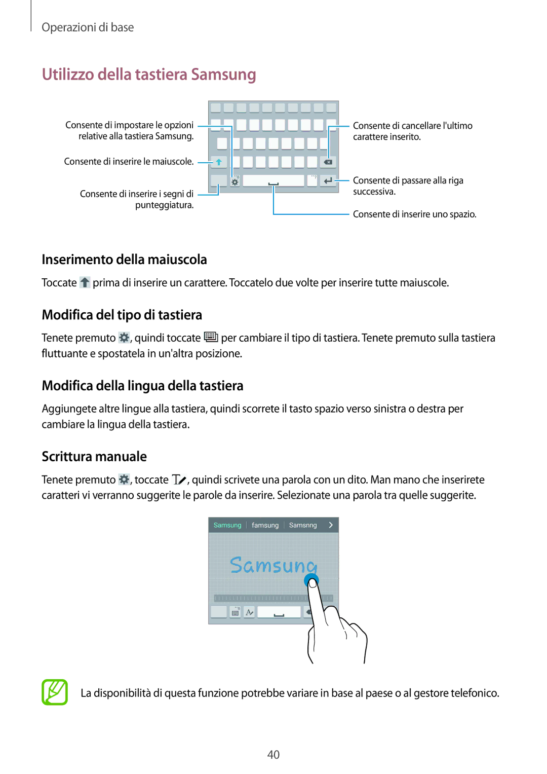 Samsung GT-I9515ZSATIM manual Utilizzo della tastiera Samsung, Inserimento della maiuscola, Modifica del tipo di tastiera 