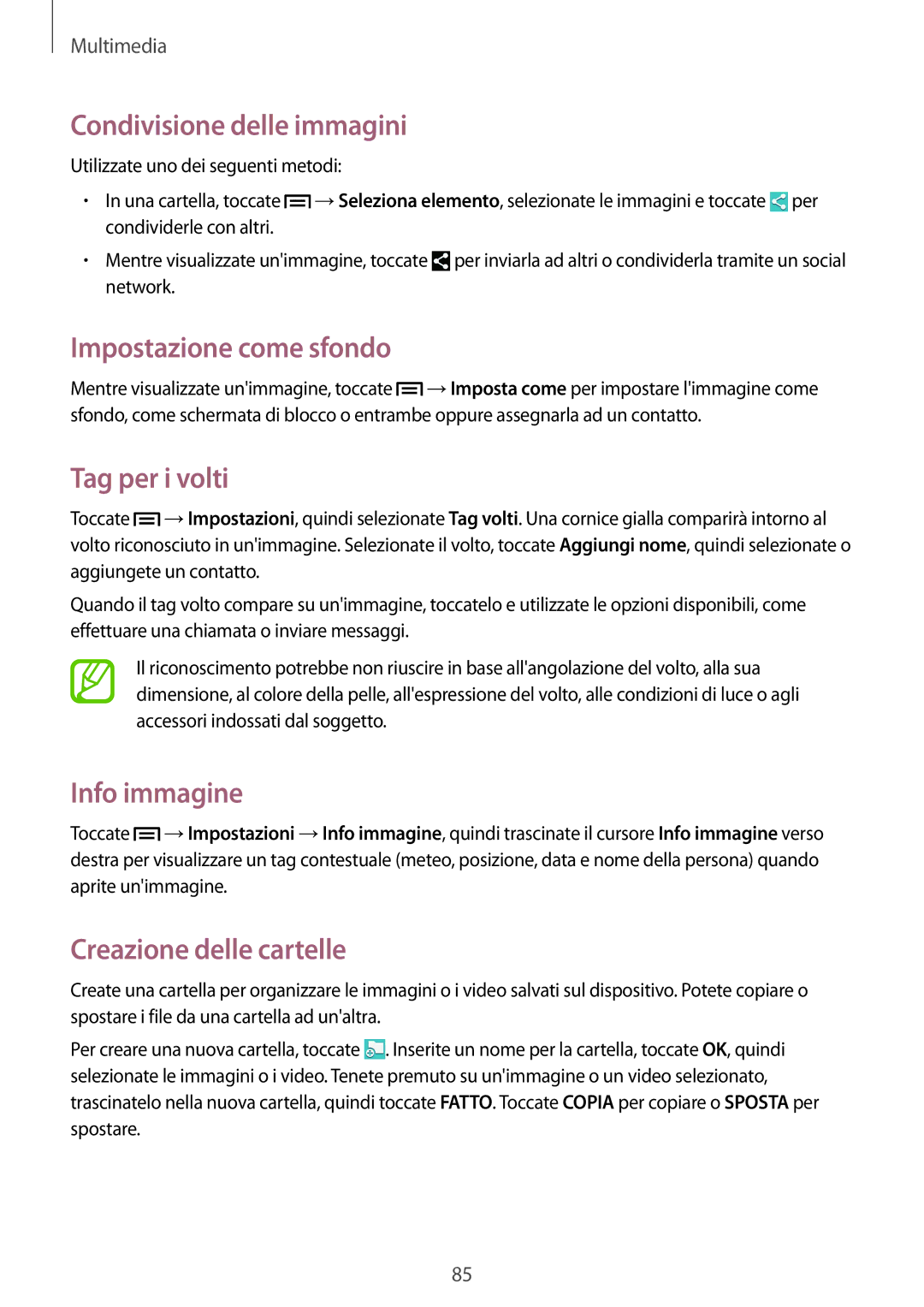 Samsung GT-I9515ZKAPLS manual Condivisione delle immagini, Impostazione come sfondo, Tag per i volti, Info immagine 