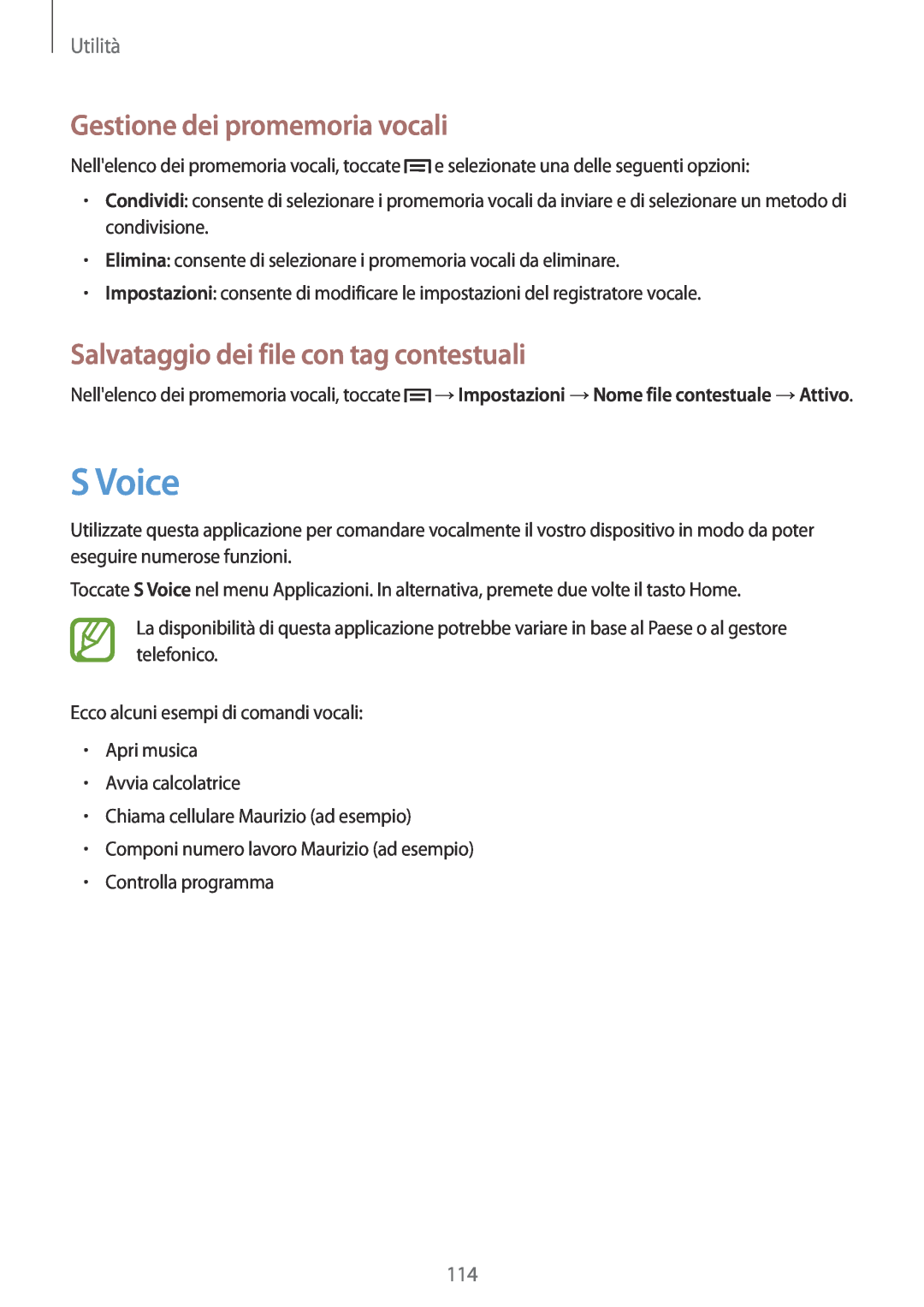 Samsung GT-I9515ZWAHUI manual S Voice, Gestione dei promemoria vocali, Salvataggio dei file con tag contestuali, Utilità 