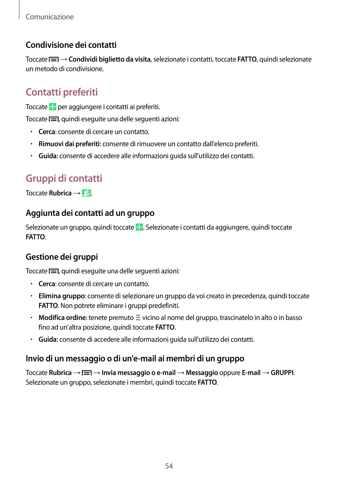 Samsung GT-I9515ZSAHUI manual Contatti preferiti, Gruppi di contatti, Condivisione dei contatti, Gestione dei gruppi, Fatto 