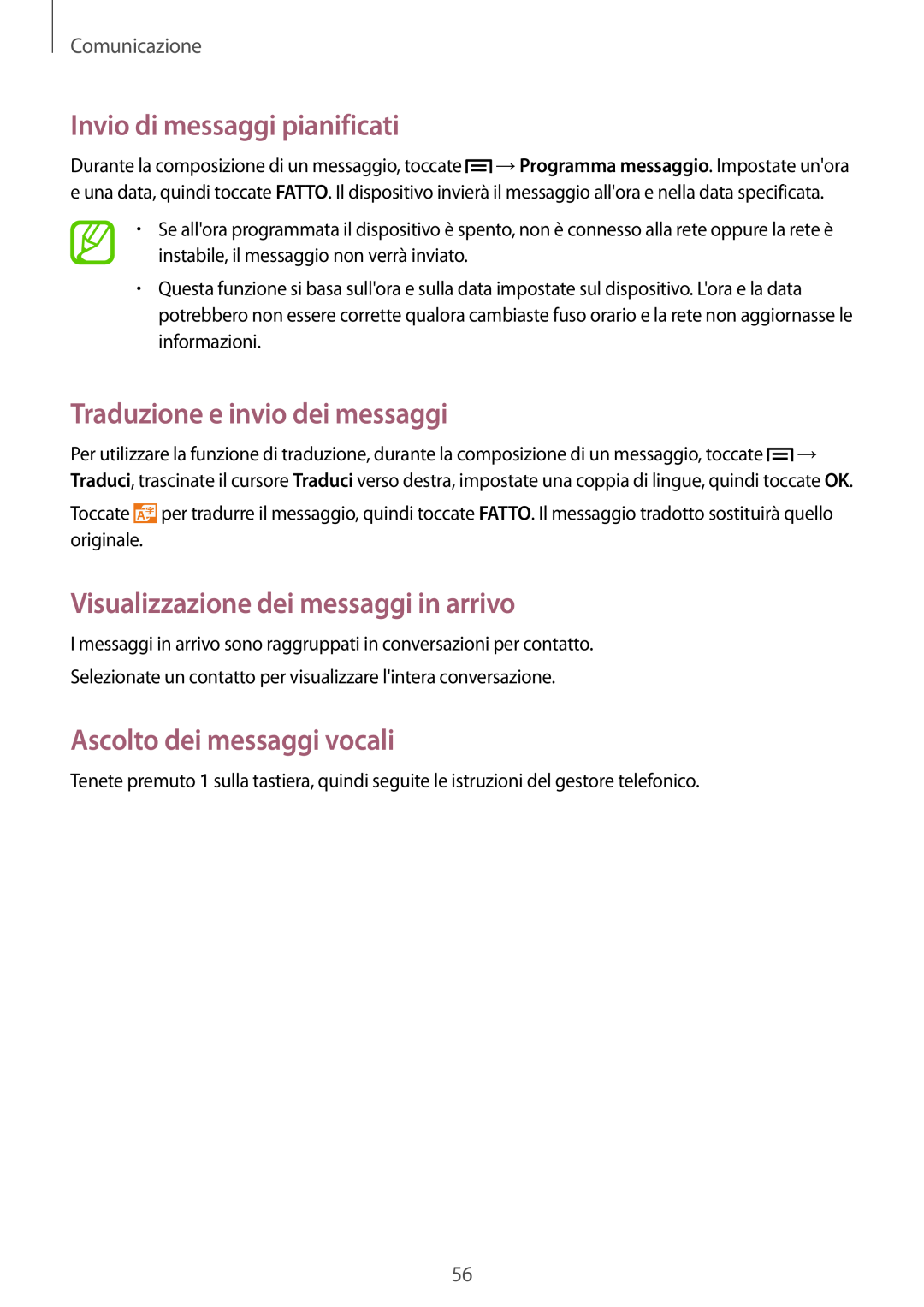 Samsung GT-I9515ZWAXEH manual Invio di messaggi pianificati, Traduzione e invio dei messaggi, Ascolto dei messaggi vocali 